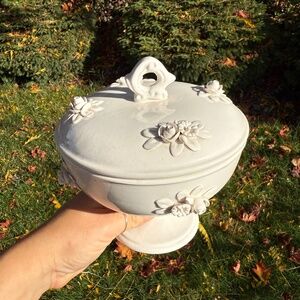 Rare Antique 1866 Handmade Italy Lidded Pedestal Bowl Dish Floral White 7”X6”.